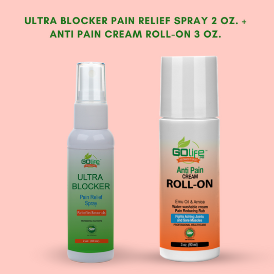 PAQUETE DE ANTI PAIN ROLL-ON 3 OZ. + ULTRA BLOCKER PAIN RELIEF SPRAY 2 OZ.